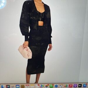Intermix Alena Crochet knit midi skirt, cardigan, and bra top